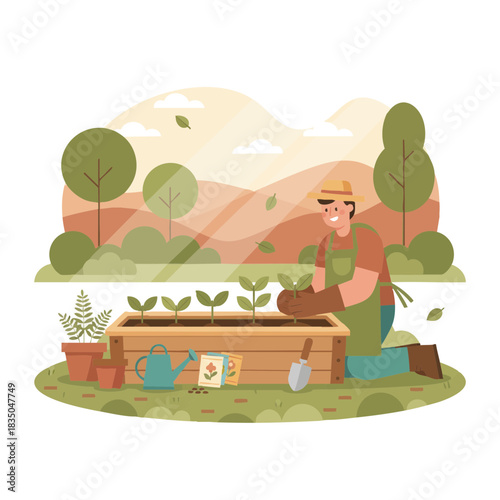Create a detailed isometric flat-design illustration of a small garden scene. Show a person tending to raised garden beds filled with vegetables and herbs. Use clean vector lines, geometric angles, an