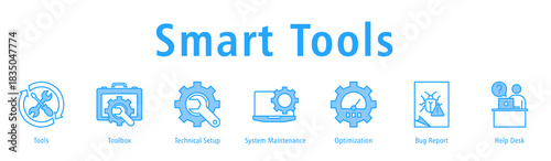 Smart Tools banner with icons of Tools, Toolbox, Technical Setup, System Maintenance, Optimization, Bug Report and Help Desk.