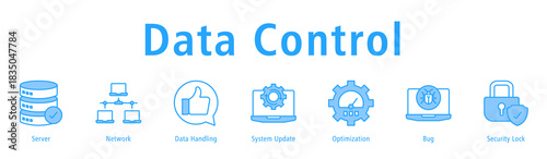 Data Control banner with icons of Server, Network, Data Handling, System Update, Optimization, Bug and Security Lock.