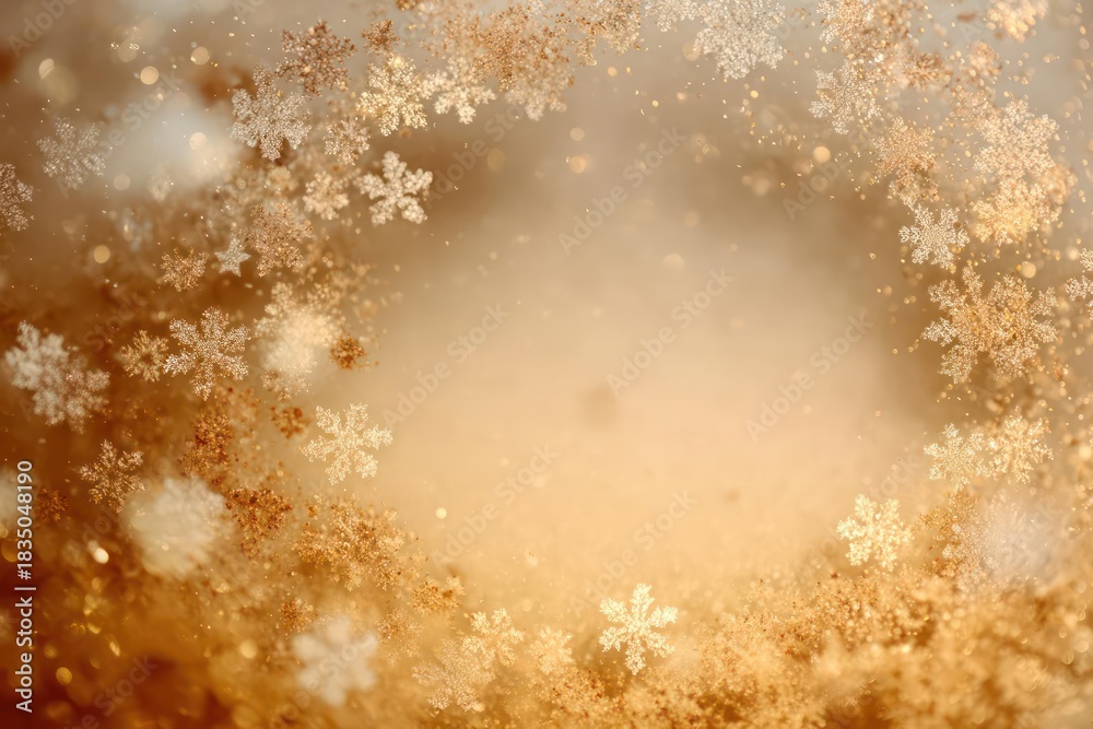 Obraz premium Soft focus golden snowflake bokeh background with blurred festive lights creating a magical winter holiday atmosphere