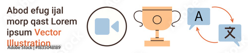 Business communication, language translation, education, technology, achievement, global connectivity. Circular icons of a video camera, trophy and translation symbols. Business communication