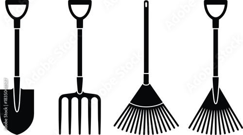 Gardening tool silhouette illustration set, black vector icons of shovel, pitchfork, and fan rake designs, white background, tool identification