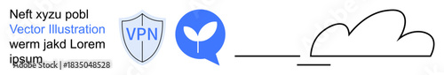 Digital security, cloud storage, eco-awareness, online communication, data protection, growth. A shield with VPN, a speech bubble sprout and a cloud line icon. Digital security and cloud storage
