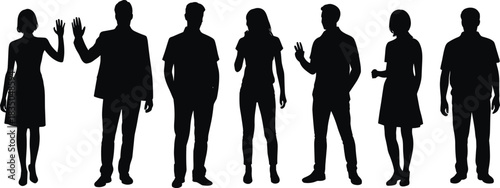 Group of people silhouette illustration, casual standing poses, male and female figures, waving gestures, black vector clipart, isolated white background