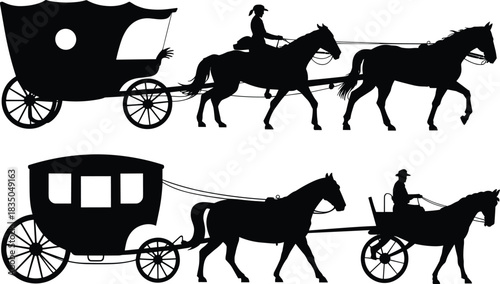 Horse-drawn carriage silhouette vector set, historical transportation with driver and rider, vintage coach design, black illustration, travel and heritage theme