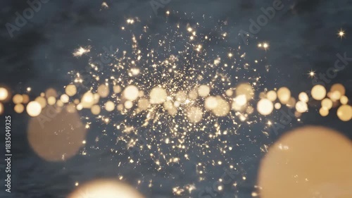 Magical golden lights twinkle against a soft gray backdrop, creating a dreamy and ethereal atmosphere for holiday promotions and elegant designs