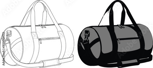 Vector illustration of a modern duffel bag, gym or travel bag line art and silhouette, black and white technical drawing for fashion, fitness, and apparel design mockups.