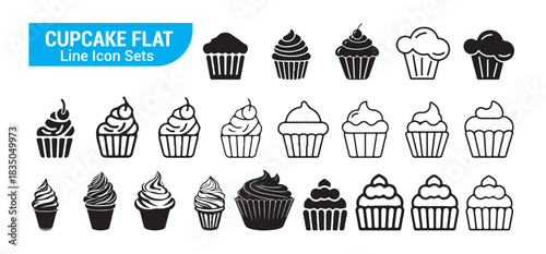 Cupcake flat line icon sets, sweet dessert with cream topping food, muffin decorated with cherry vector