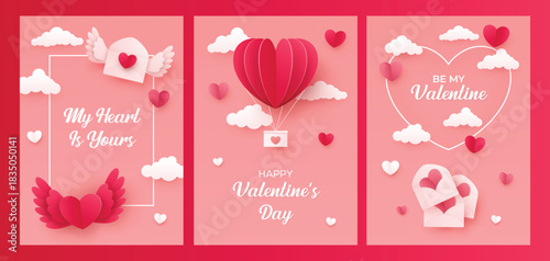 Romantic Valentine’s Day card set featuring heart balloons, love letters, clouds, and sweet 3D paper-cut elements. Perfect for invitations, greetings, social media posts, and festive designs.