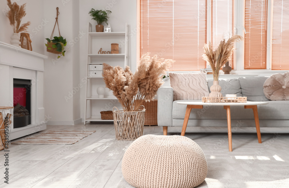 Fototapeta premium Interior of stylish living room with cozy grey sofa, coffee table and pampas grass