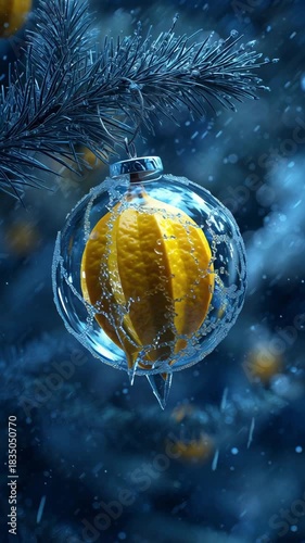 Glass Christmas ornament with a yellow carambola fruit inside, splashing water and hanging on a frosted pine branch