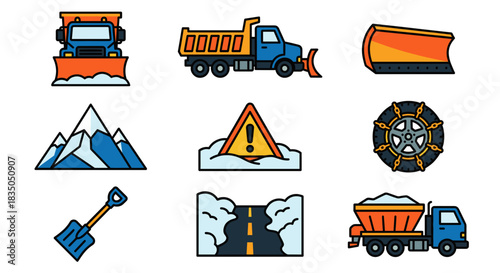 A colorful icon set illustrating winter road maintenance, including snowplows, salt spreaders, and safety equipment.