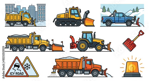 A collection of vector illustrations showing various snow plow, equipment, and winter road warning signs.