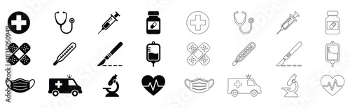 Medical icons vector illustration set featuring essential healthcare and emergency symbols