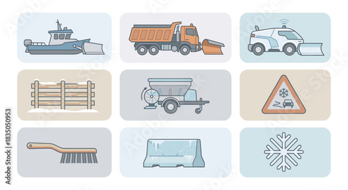 A collection of winter road service icons featuring snowplows, a salt spreader, and safety elements.
