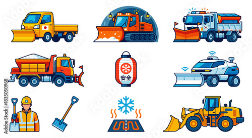 A collection of cartoon illustrations depicting various snow plow, heavy machinery, and winter road service equipment.