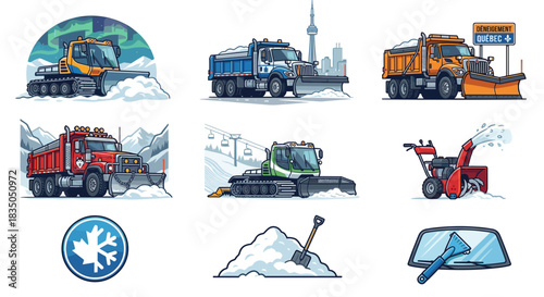 Illustrated collection of snow plow and winter equipment icons, including plows, blowers, and scrapers.