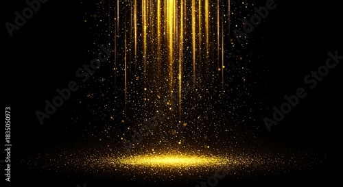 Golden Light Streaks and Falling Glitter on Black Background