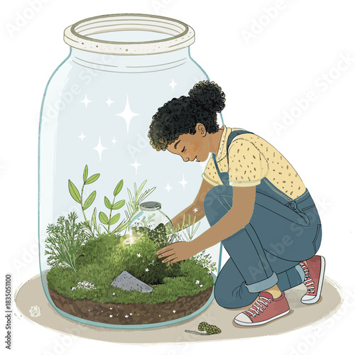 Teenager making a moss terrarium inside a large glass jar