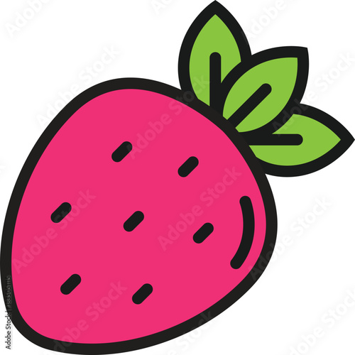 Simple strawberry fruit icon with green leaves. A flat vector graphic illustration, isolated berry symbol for healthy eating designs