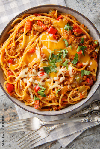 Fusion taco spaghetti with ground beef, green chili, onion, cheese, tomatoes, taco seasoning close-up in a plate on the table. Vertical top view from above