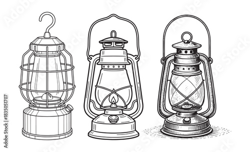 A collection of vintage kerosene lanterns in a detailed black and white sketch