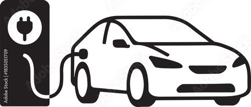 Black silhouette of an electric car charging at a charging station with a lightning bolt symbol