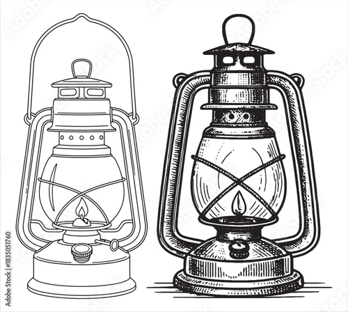 Vintage kerosene lanterns in monochrome sketch style showcasing classic lighting designs