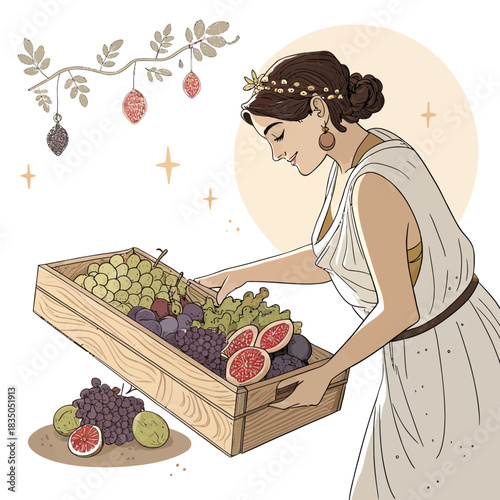 Woman arranging a wooden fruit tray of grapes and figs