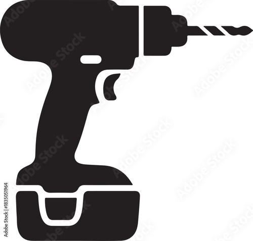 Black silhouette of a cordless power drill with a drill bit