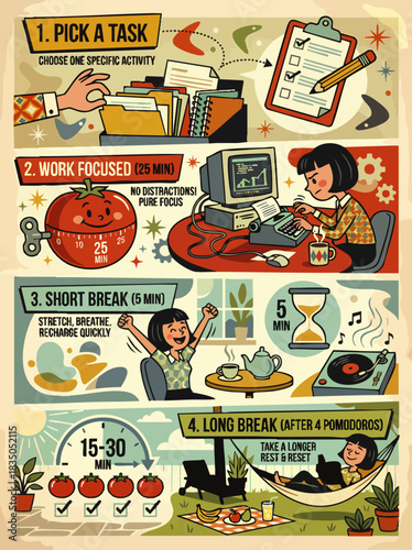 An illustrated guide shows the Pomodoro Technique, a time management method for focused work with short breaks and longer rest periods.