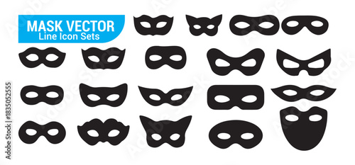 Black mask vector line icon sets. masquerade ball halloween carnival superhero mysterious face disguise costume