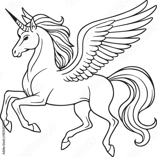 Black and white illustration of a winged unicorn with a spiraled horn and flowing mane standing on a line