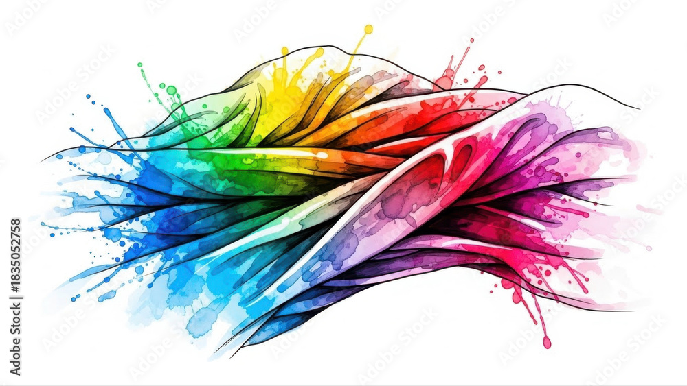 Obraz premium Vivid abstract illustration of soggy cloth splattered with multicolored paint, isolated on a white background, showcasing dynamic movement and artistic flair