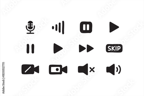 Clean media interface symbols for streaming platforms, UI layouts, and navigation design