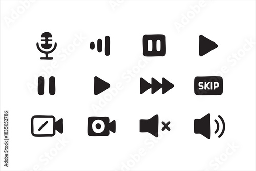 Essential multimedia control icon set for modern apps, dashboards, and web interfaces