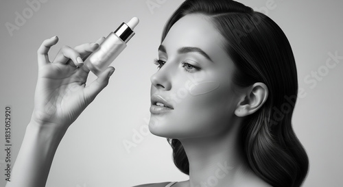 High-end beauty skincare product with close-up minimal model holding serum bottle in monochrome studio lighting