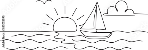 Single continuous one line art sunny ocean travel vacation. Sea voyage sunrise holiday tropical island ship yacht luxury journey sunset concept design sketch outline drawing vector illustration art