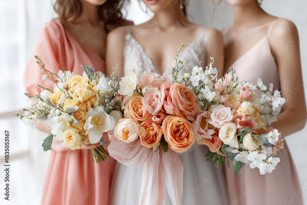 Naklejka premium Elegante Brautsträuße und Blumenarrangements in moderner Hochzeitsszene