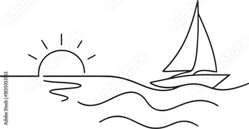 Single continuous one line art sunny ocean travel vacation. Sea voyage sunrise holiday tropical island ship yacht luxury journey sunset concept design sketch outline drawing vector illustration art