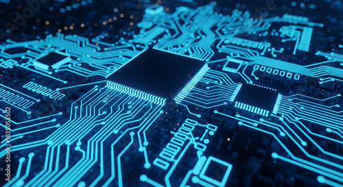 Futuristic digital network circuit with glowing neon connections on black technology surface