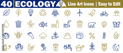 Collection of forty vector ecology and environment icons in modern outline line art style vector illustration. 