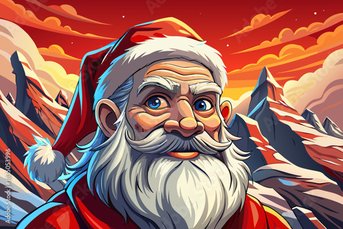 Santa stands on a snowy mountain cliff overlooking vast white peaks, creating a majestic and adventurous Christmas landscape