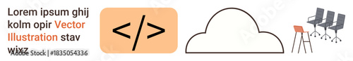 Technology, programming, cloud computing, office design, workspaces, digital workflows. Features coding symbol, cloud outline text and office chairs. Technology and programming concept
