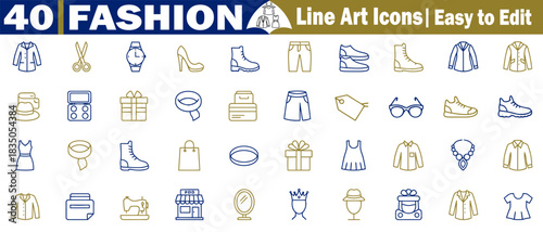 40 fashion line art icons, easy-to-edit apparel, and a trendy shopping-related vector set.