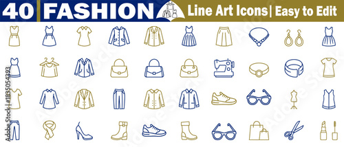 40 fashion line art icons, easy to edit, clothes and accessories related vector illustration set. 