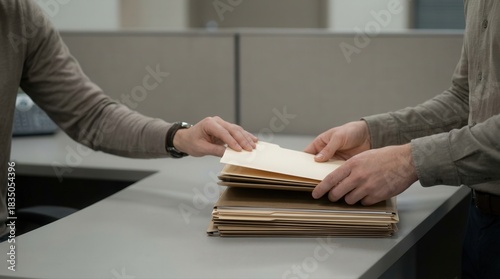 Business Professionals Exchanging Documents and Files in an Office Setting Collaboration