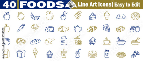 Set of 40 food line art icons vector, easy to edit, collection for restaurant website vector illustration. 