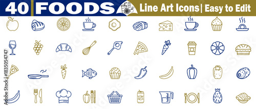 Set of 40 food line art icons vector easy to edit collection for café and bistro, orange, coffee, sushi, cheese, cupcake, carrot, banana, illustration. 