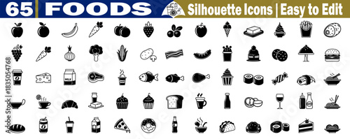 Set of 65 food silhouette icons vector, easy to edit, collection, for a culinary theme, menu illustration. 